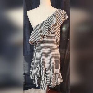 Halston Heritage One Shoulder Striped Ruffle Dress Gray White Size 12